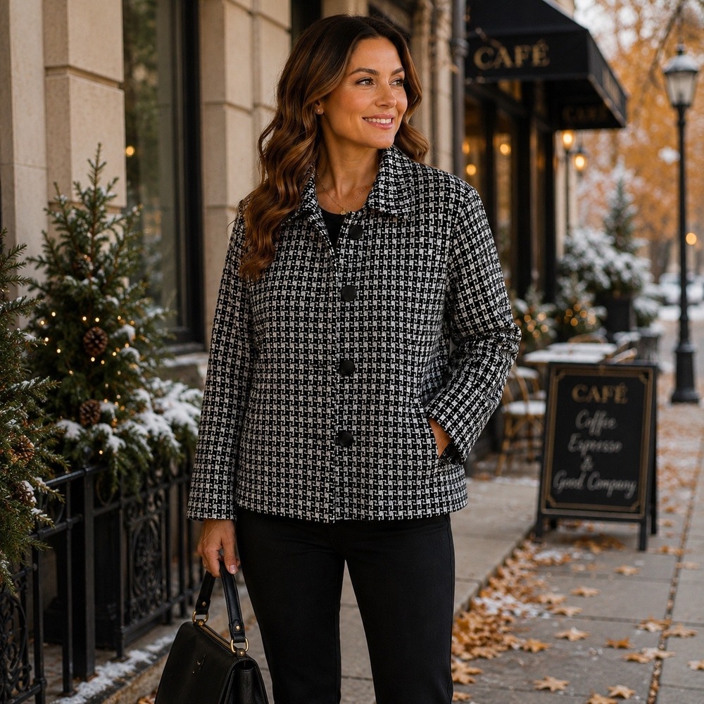 Talbots Petites Womens 8 Black White Wool Houndstooth Blazer Italian Fabric